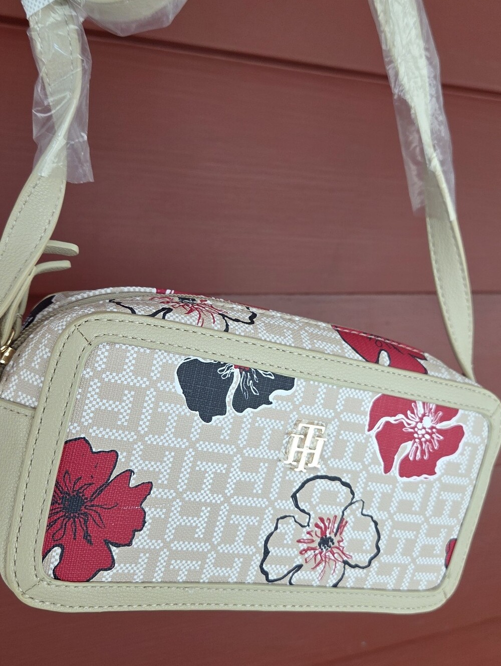 Tommy Hilfiger Beige Floral Crossbody with Red and Black Accents